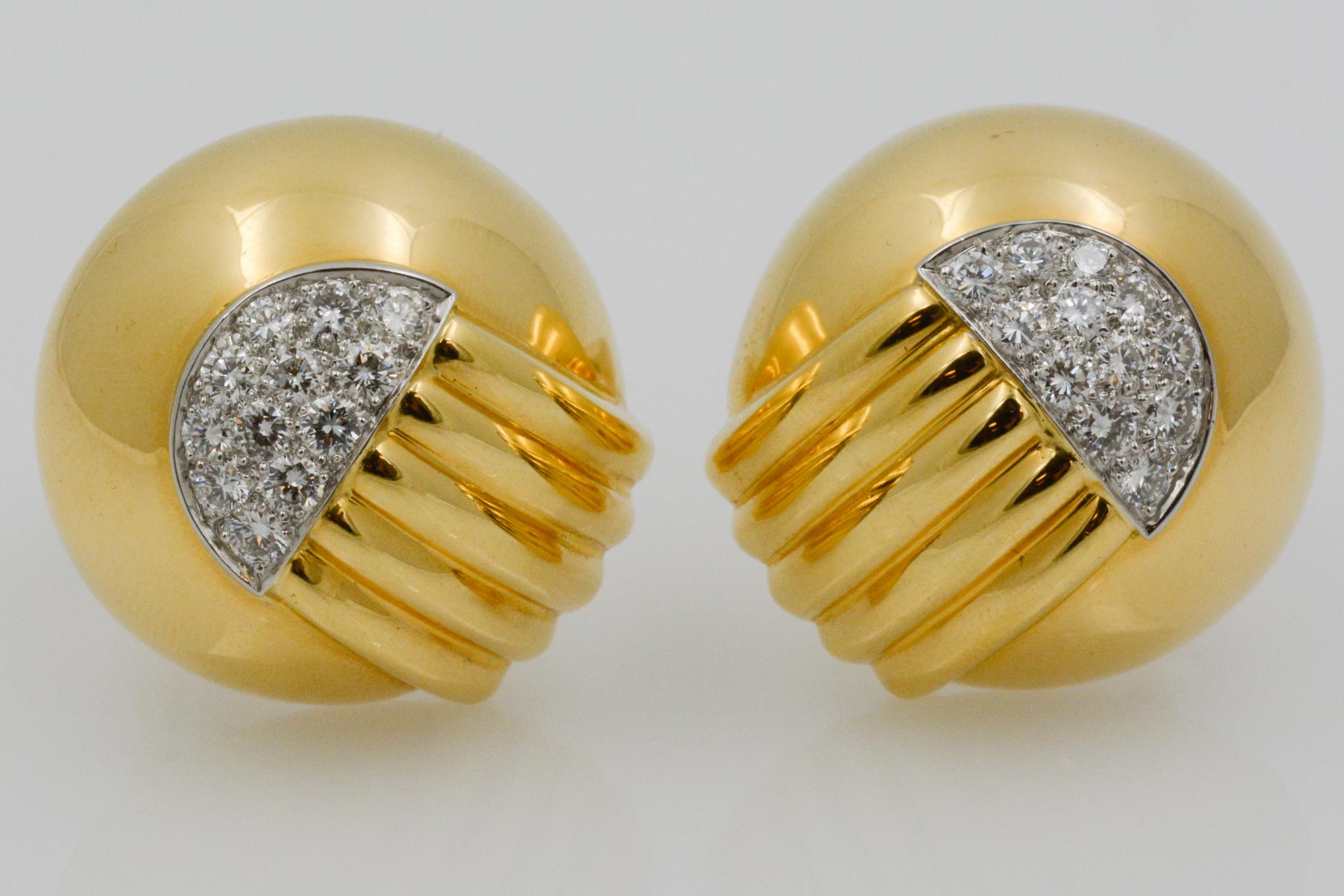 David Webb 18 Karat Yellow Gold and Platinum Pave Clip Earrings In Excellent Condition In Dallas, TX