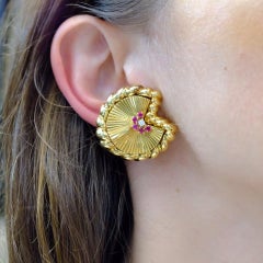 David Webb 18 Karat Yellow Gold and Platinum Ruby and Diamond Fan Earrings