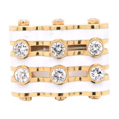 David Webb 18 Karat Yellow Gold and White Enamel Diamond Wave Ring
