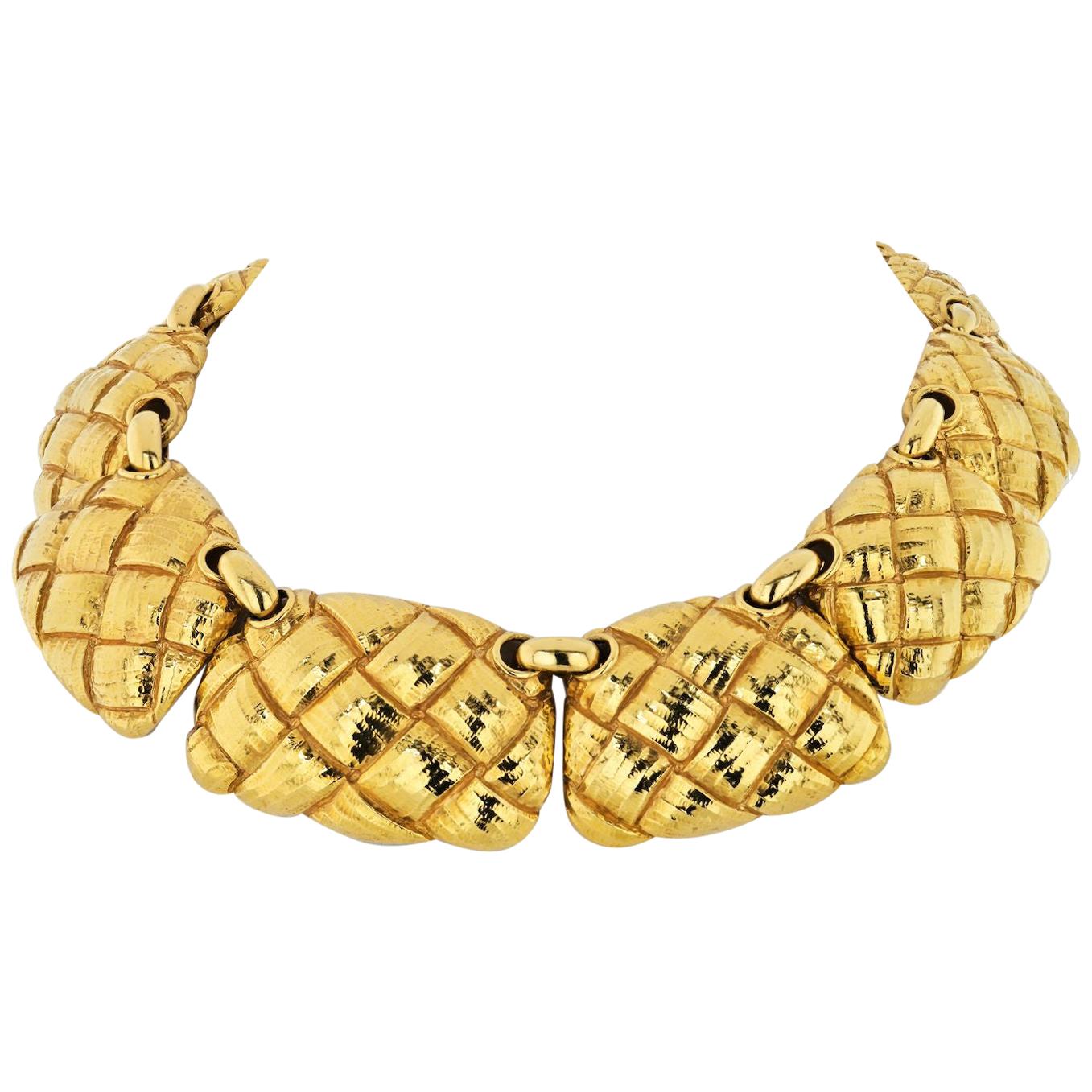 David Webb 18 Karat Yellow Gold Bib Style Basket Weave Necklace For Sale