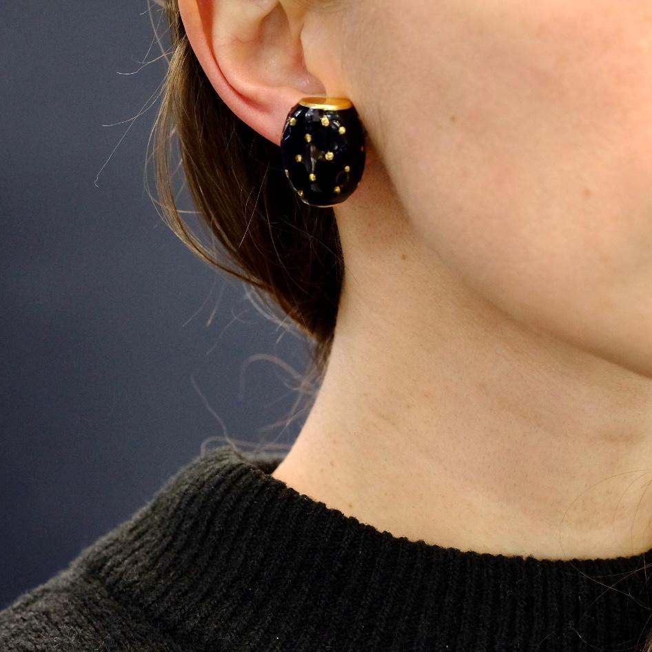 Women's David Webb 18 Karat Yellow Gold Black Enamel Gold Spotted Earrings For Sale