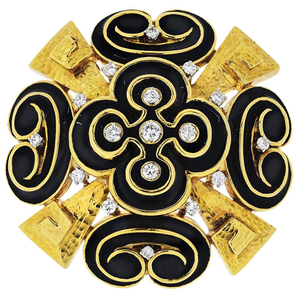 David Webb 18 Karat Yellow Gold Black Enamel, Heraldic Scroll Diamond Brooch