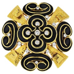 David Webb 18 Karat Yellow Gold Black Enamel, Heraldic Scroll Diamond Brooch