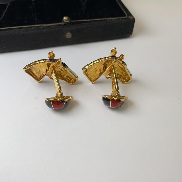 Boutons De Manchette Vintage Damascène - Motif Hirondelle Et Cheval - Noir/Or