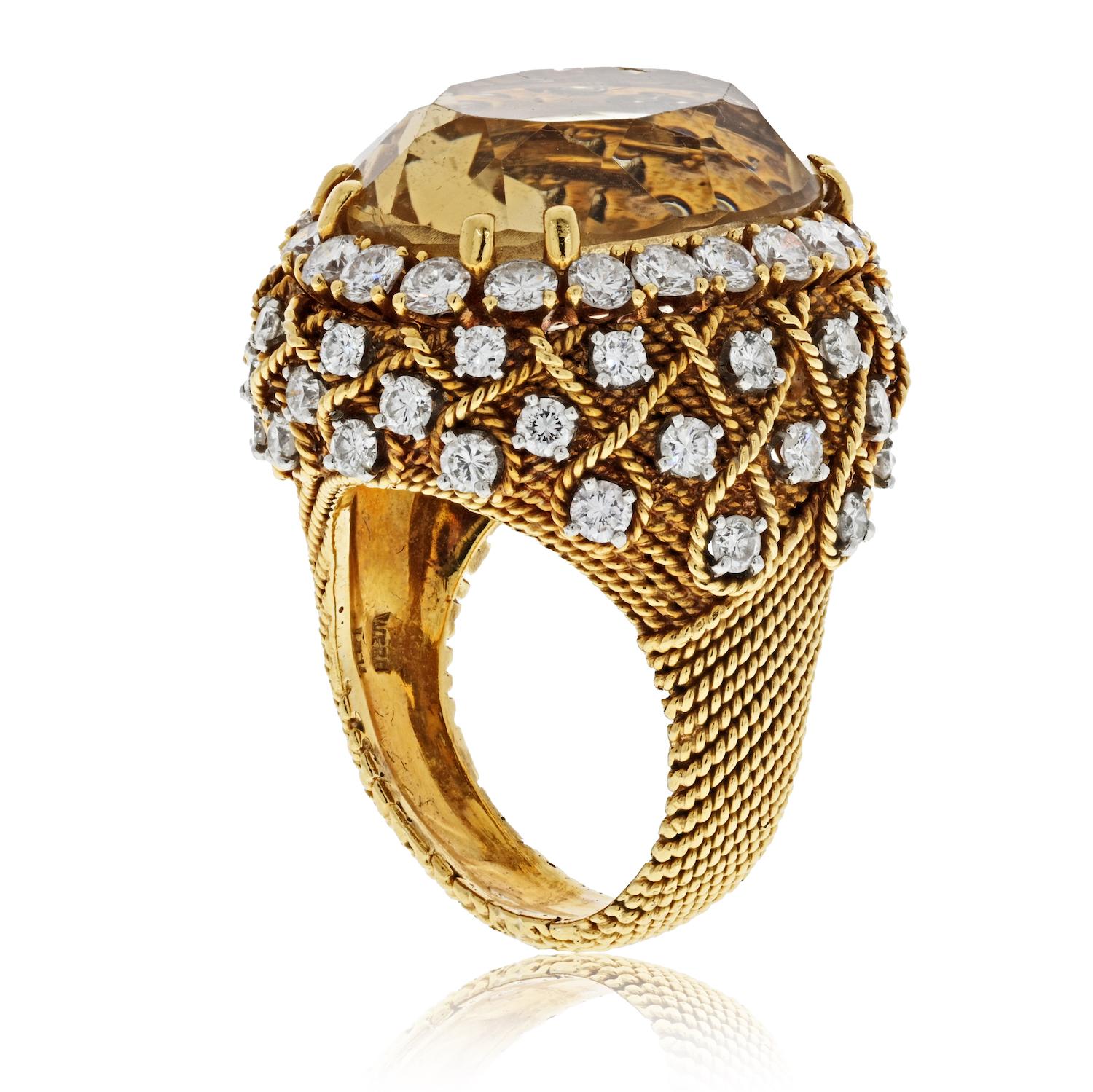 Oval Cut David Webb 18 Karat Yellow Gold Bombe Citrine Large Diamond Ring For Sale