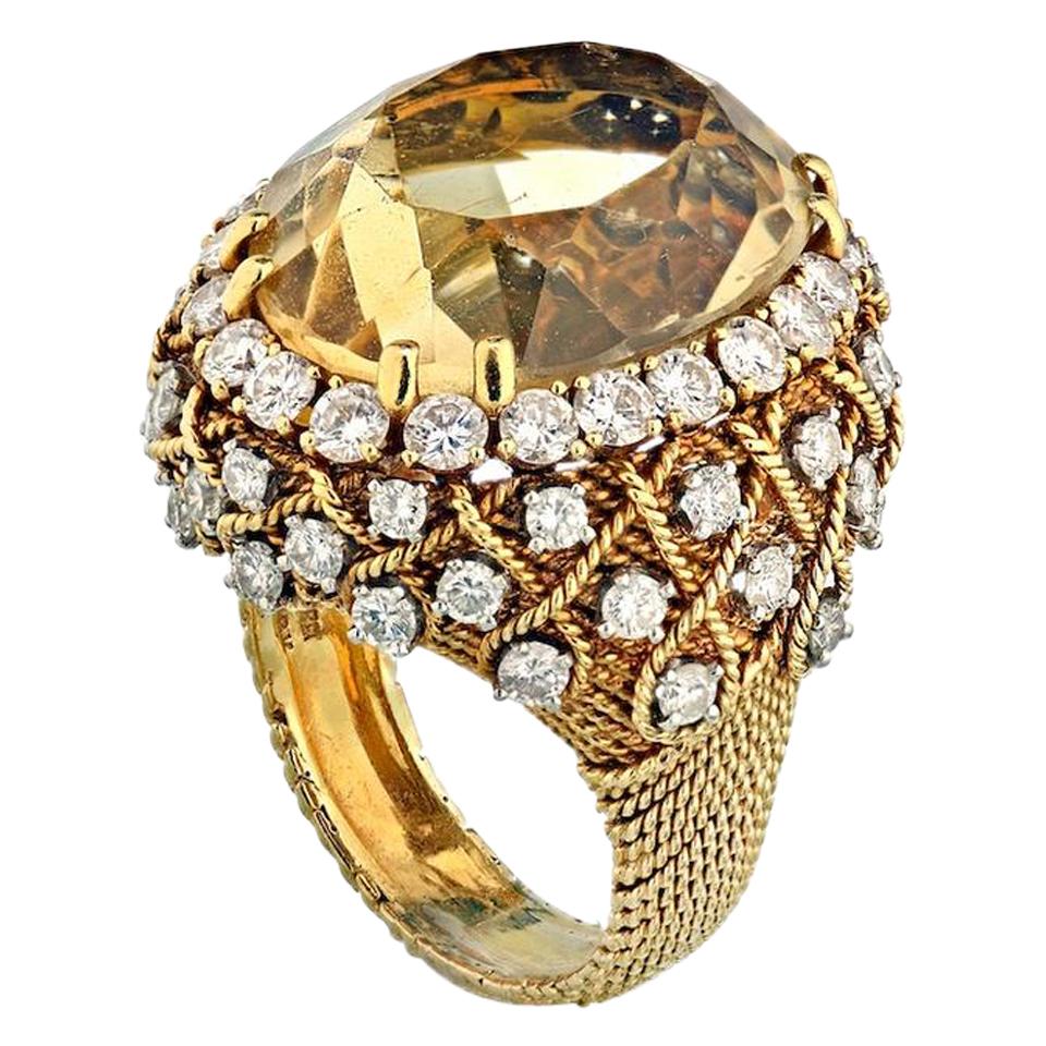 David Webb 18 Karat Yellow Gold Bombe Citrine Large Diamond Ring