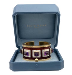 David Webb 18 Karat Yellow Gold, Diamond and Amethyst Red Enamel Bastille Cuff