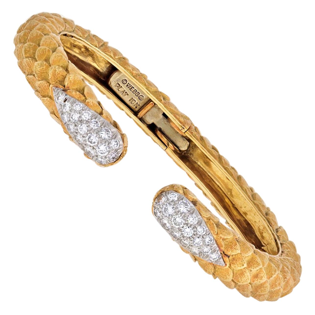 David Webb 18 Karat Yellow Gold Diamond Tip Textured Bangle Bracelet
