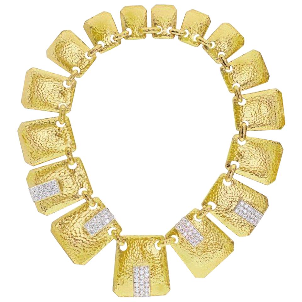 David Webb 18 Karat Yellow Gold Hammered Finish Palette Diamond Bib Necklace
