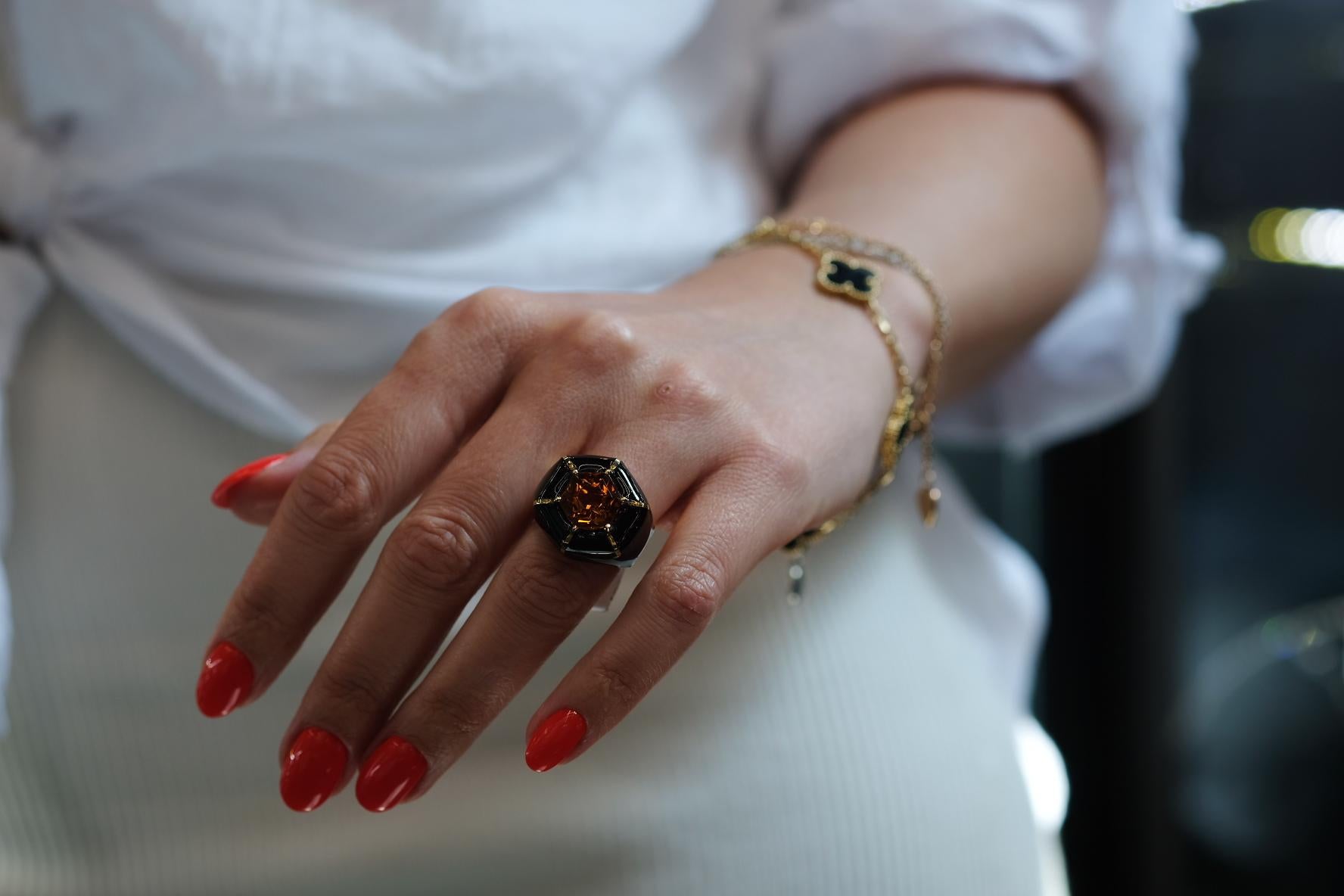Modern David Webb 18 Karat Yellow Gold Hexagon Citrine Black Enamel Ring For Sale