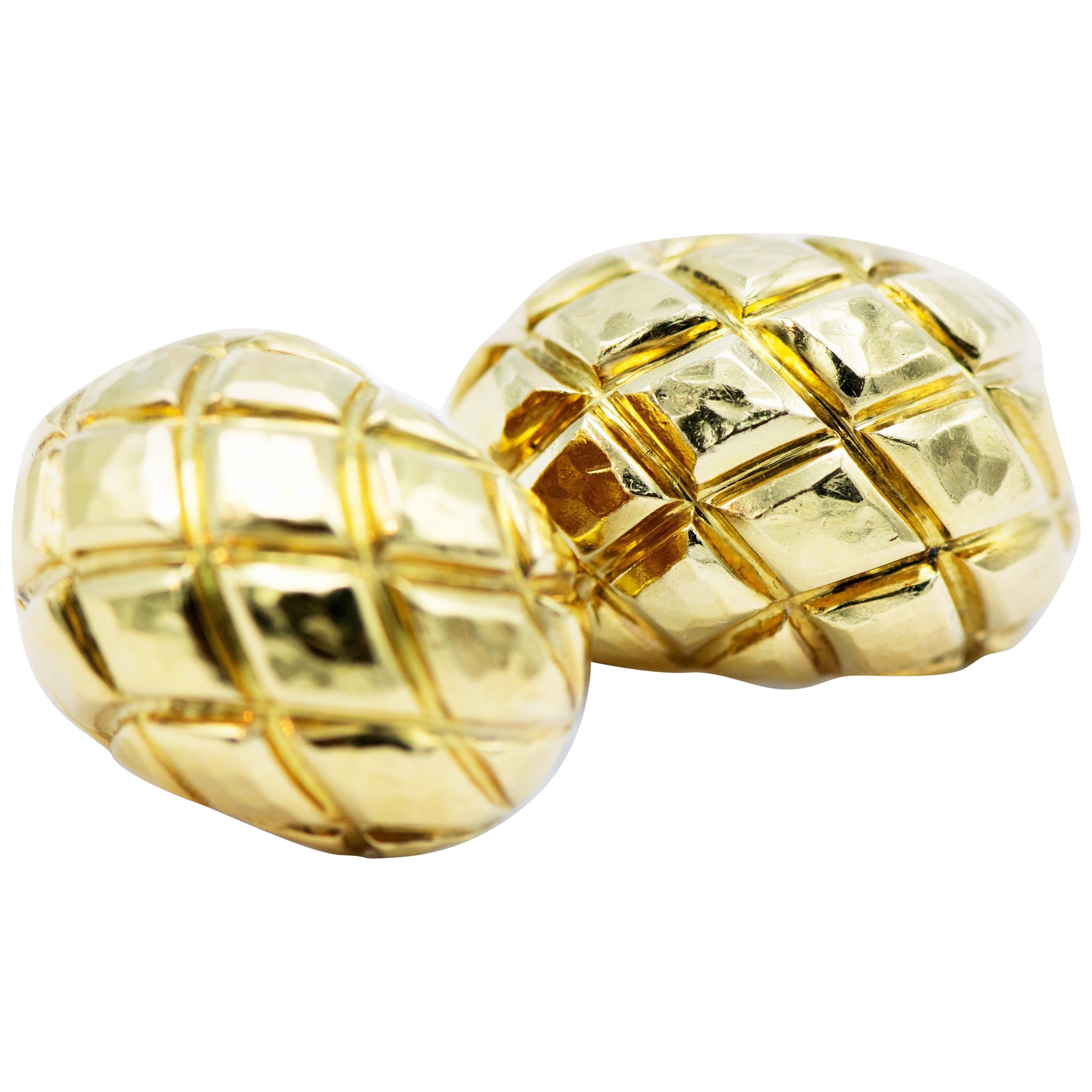 David Webb 18 Karat Yellow Gold Pineapple Hammer Work Clip-On Earrings For Sale