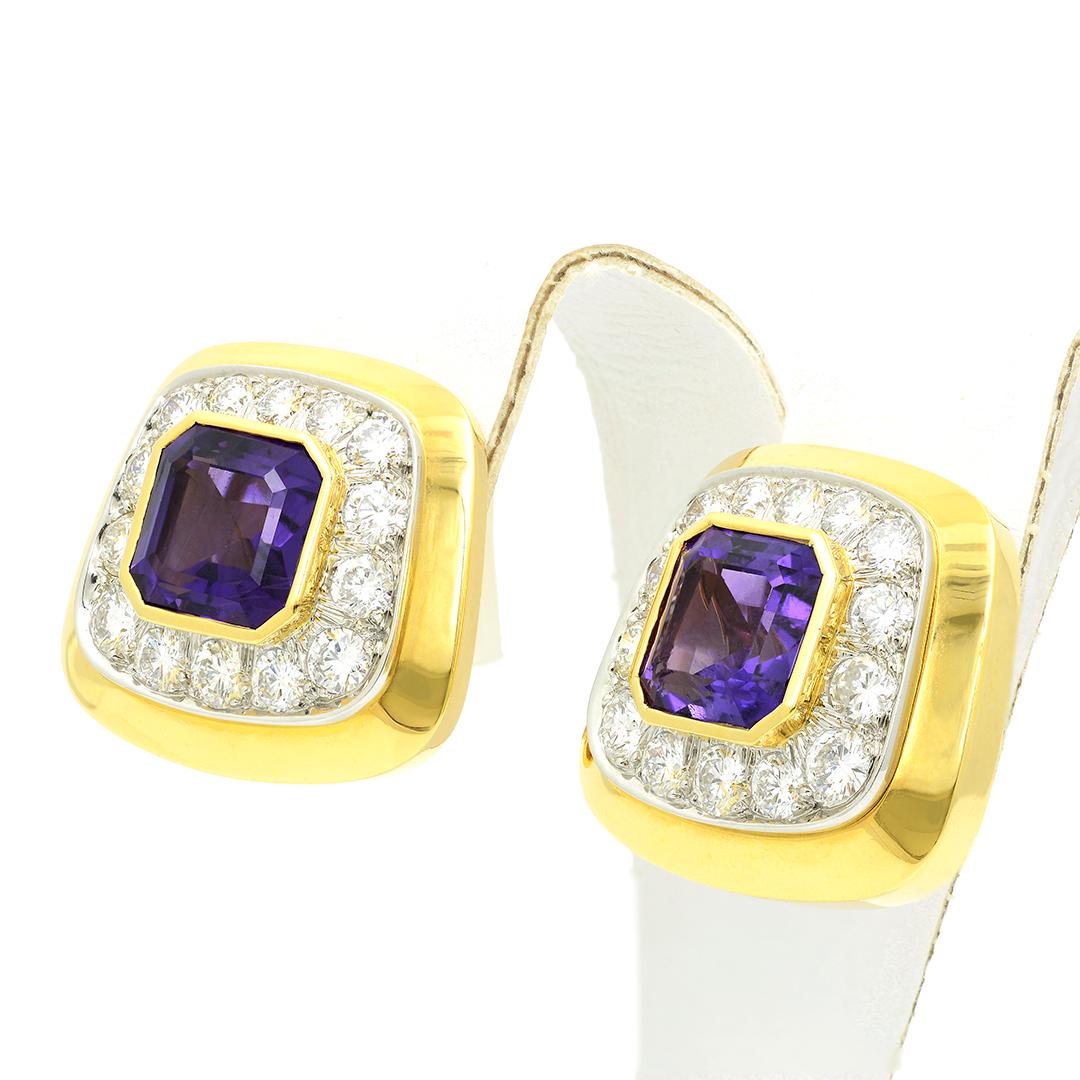 Emerald Cut David Webb 18 Karat Yellow Gold/Platinum Amethyst and Diamond Earrings