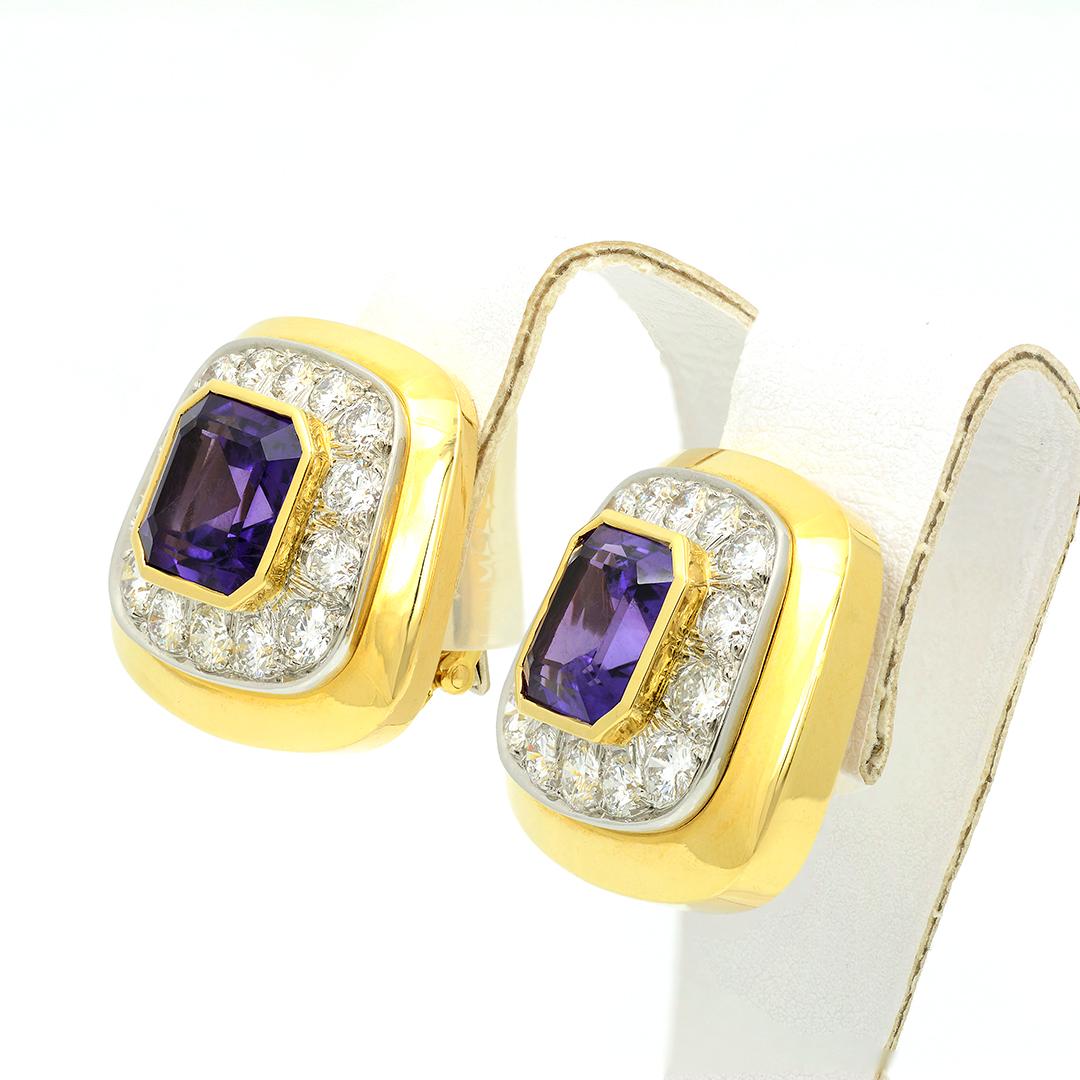 David Webb 18 Karat Yellow Gold/Platinum Amethyst and Diamond Earrings In Excellent Condition In Dallas, TX