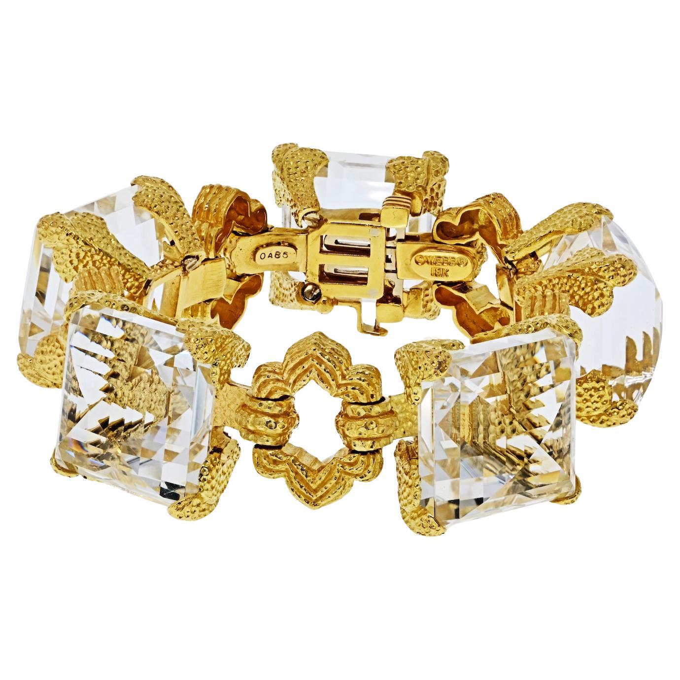 David Webb 18 Karat Yellow Gold Rock Crystal Link Bracelet
