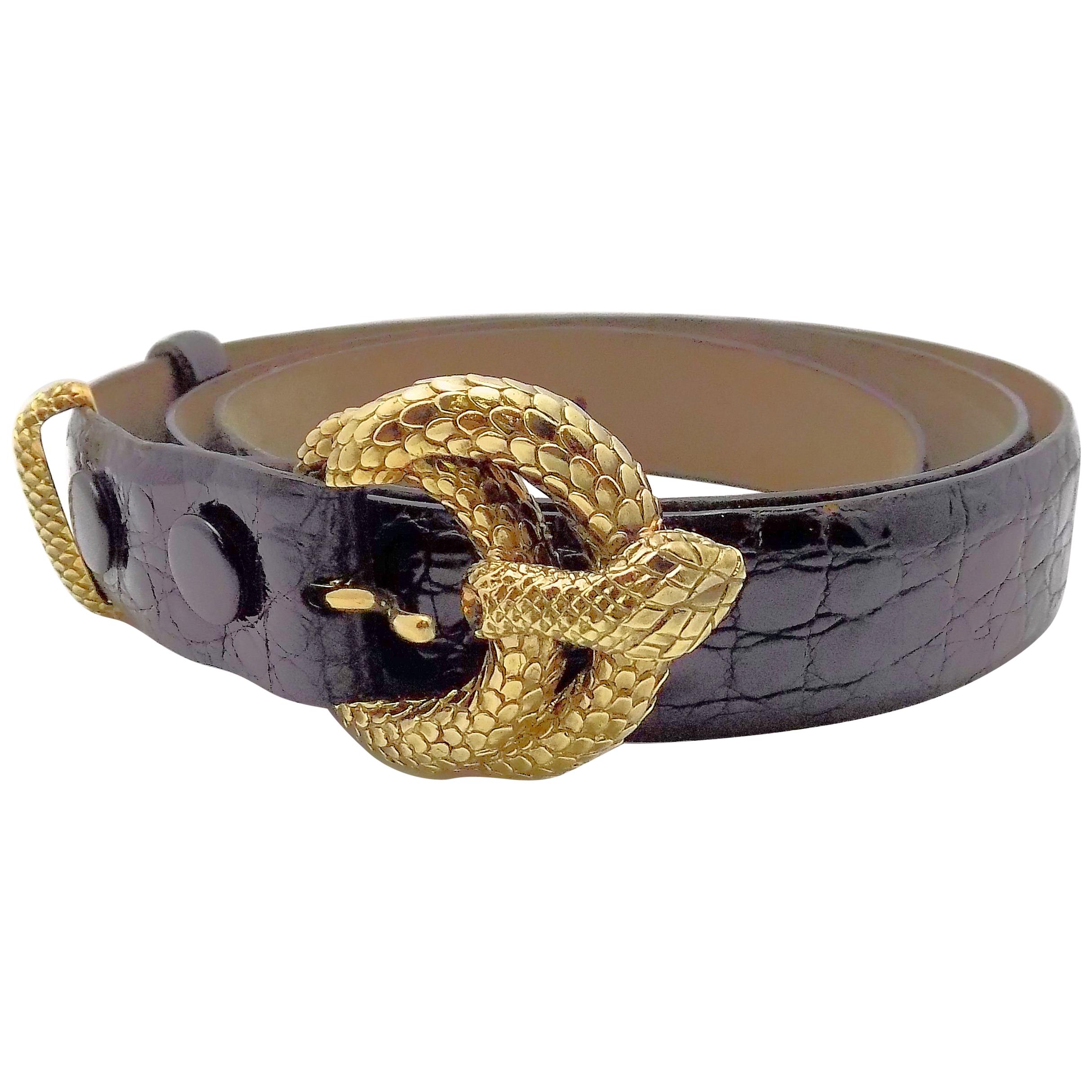 David Webb 18 Karat Yellow Gold Snake Belt Buckle with Loop and Belt For Sale
