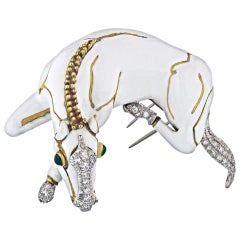 David Webb 18 Karat Yellow Gold White Enamel Diamond Horse Clip-Brooch