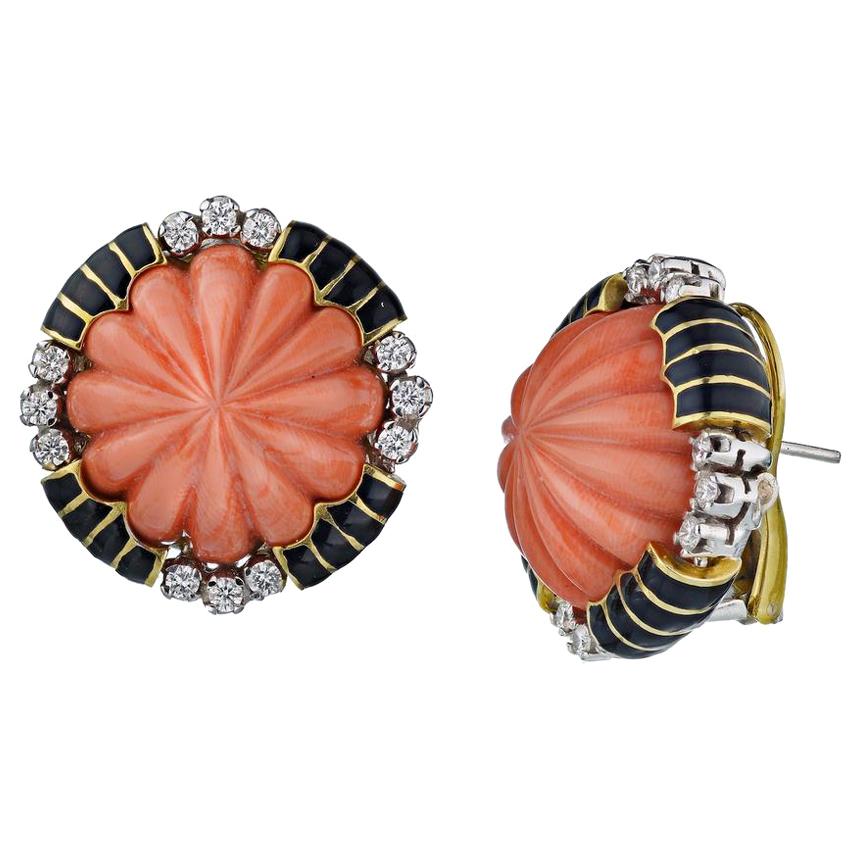 David Webb 18 Yellow Gold Round Orange Coral Diamond Pierced Earrings For Sale