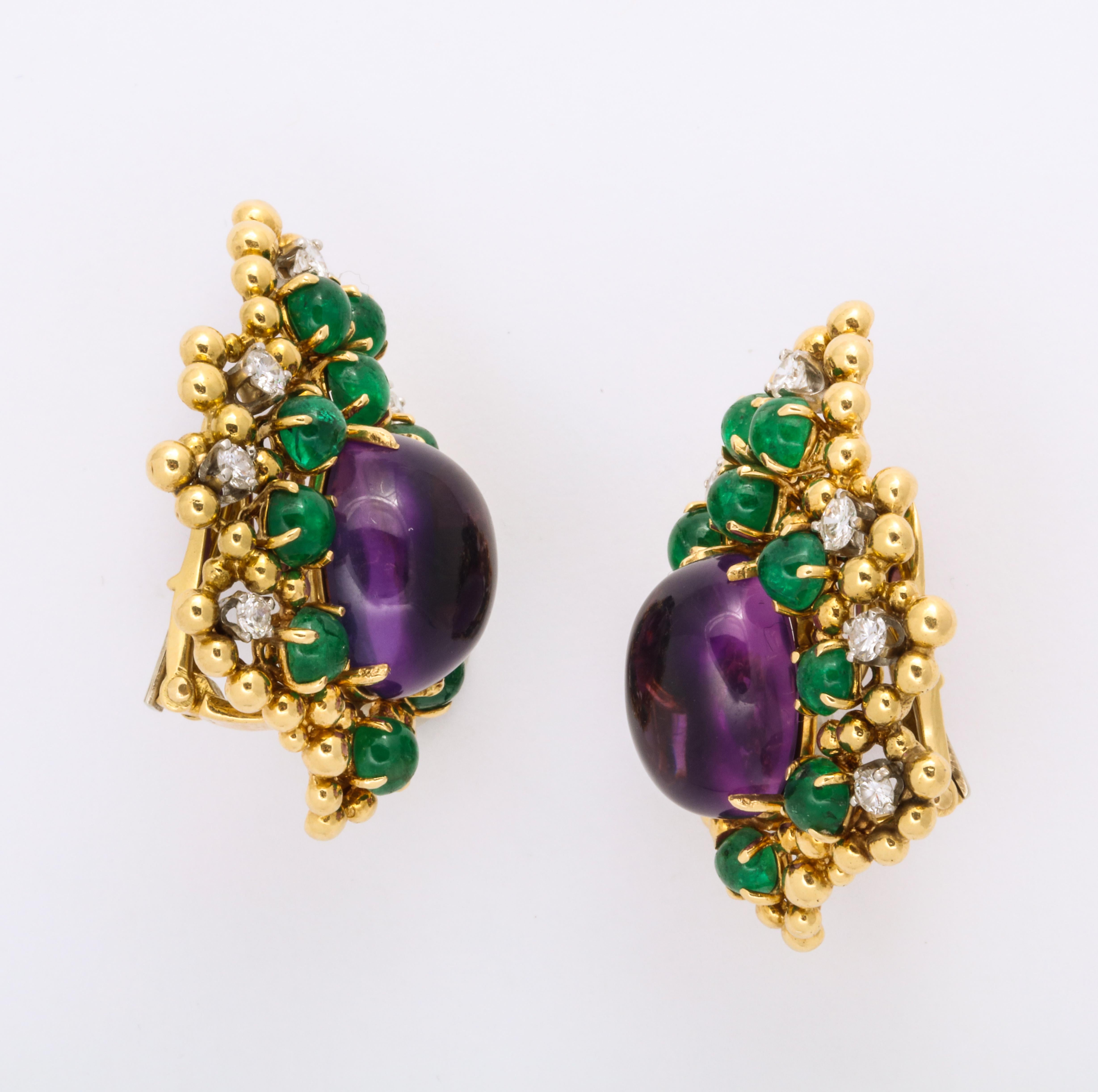 Contemporary David Webb 18 Karat Amethyst Emerald and Diamond Clip-On Earrings
