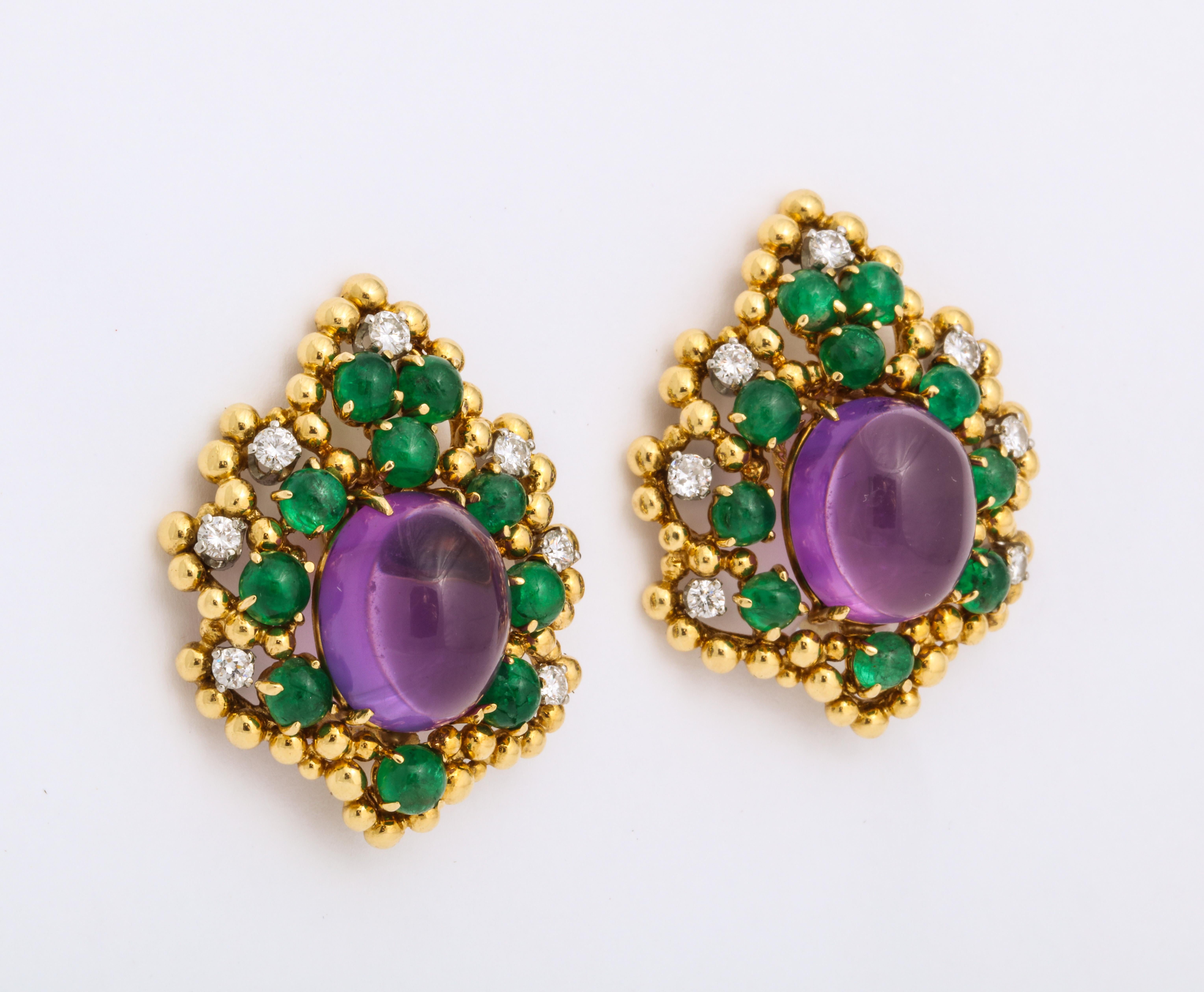 David Webb 18 Karat Amethyst Emerald and Diamond Clip-On Earrings In Good Condition In New York, NY