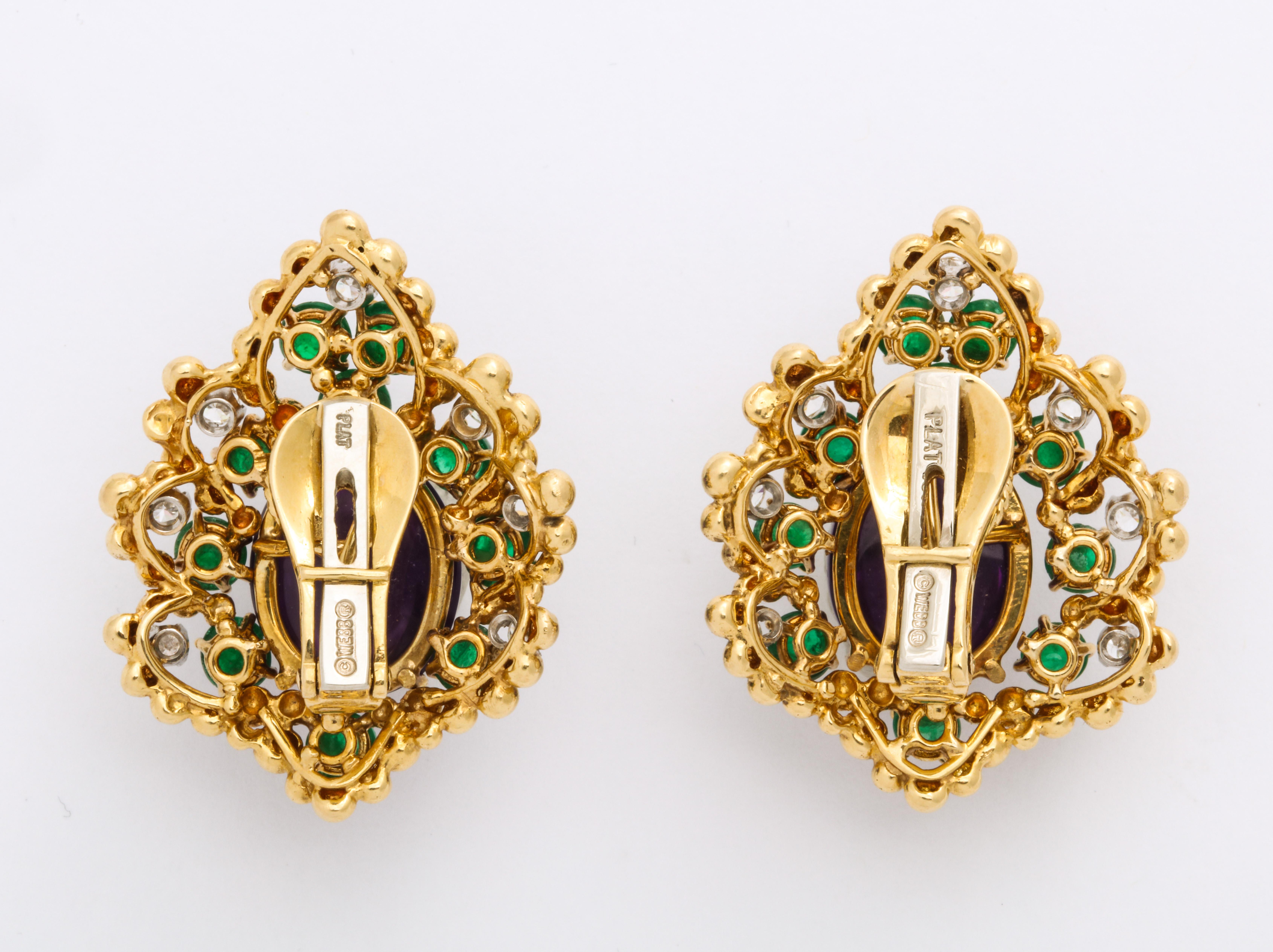 Women's or Men's David Webb 18 Karat Amethyst Emerald and Diamond Clip-On Earrings