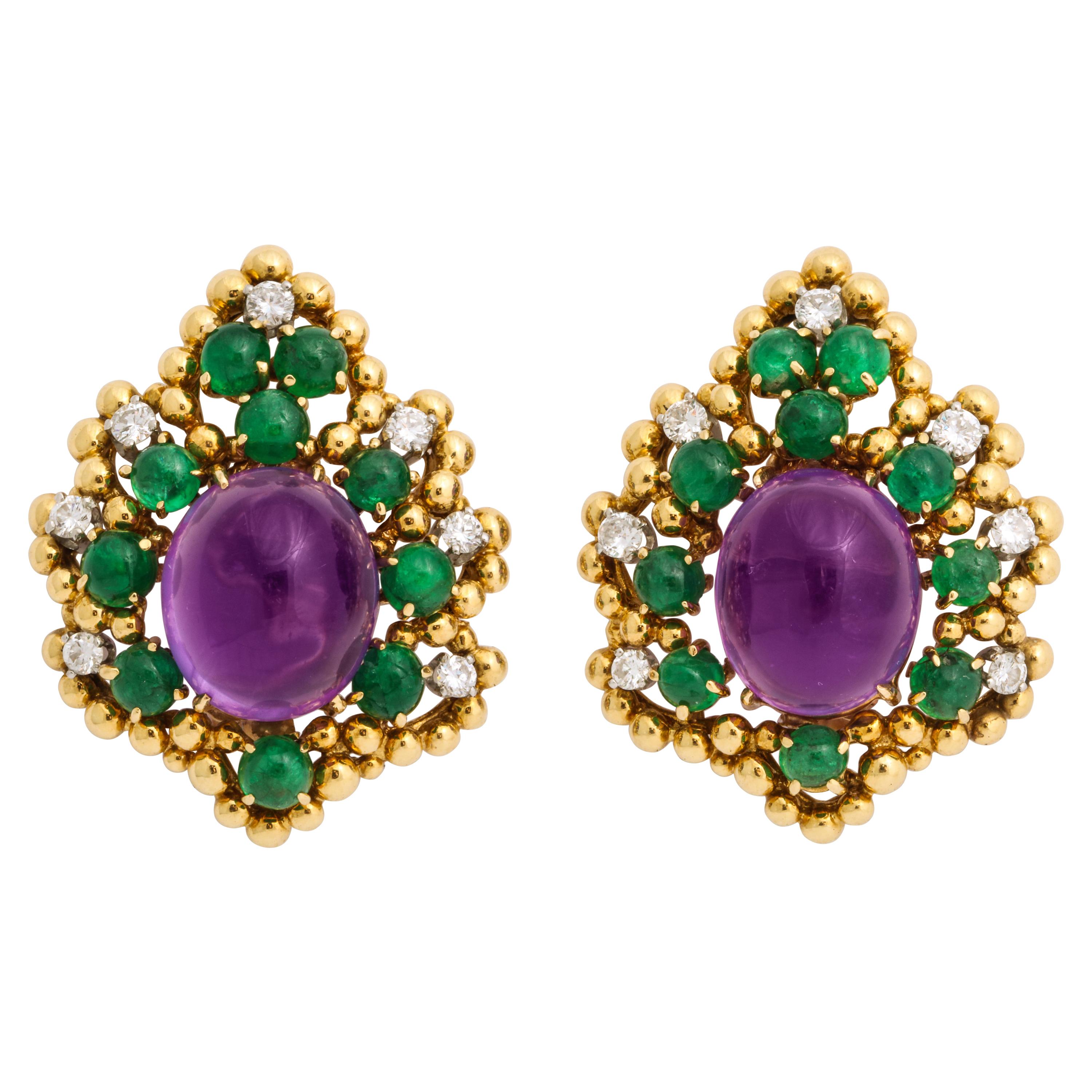 David Webb 18 Karat Amethyst Emerald and Diamond Clip-On Earrings