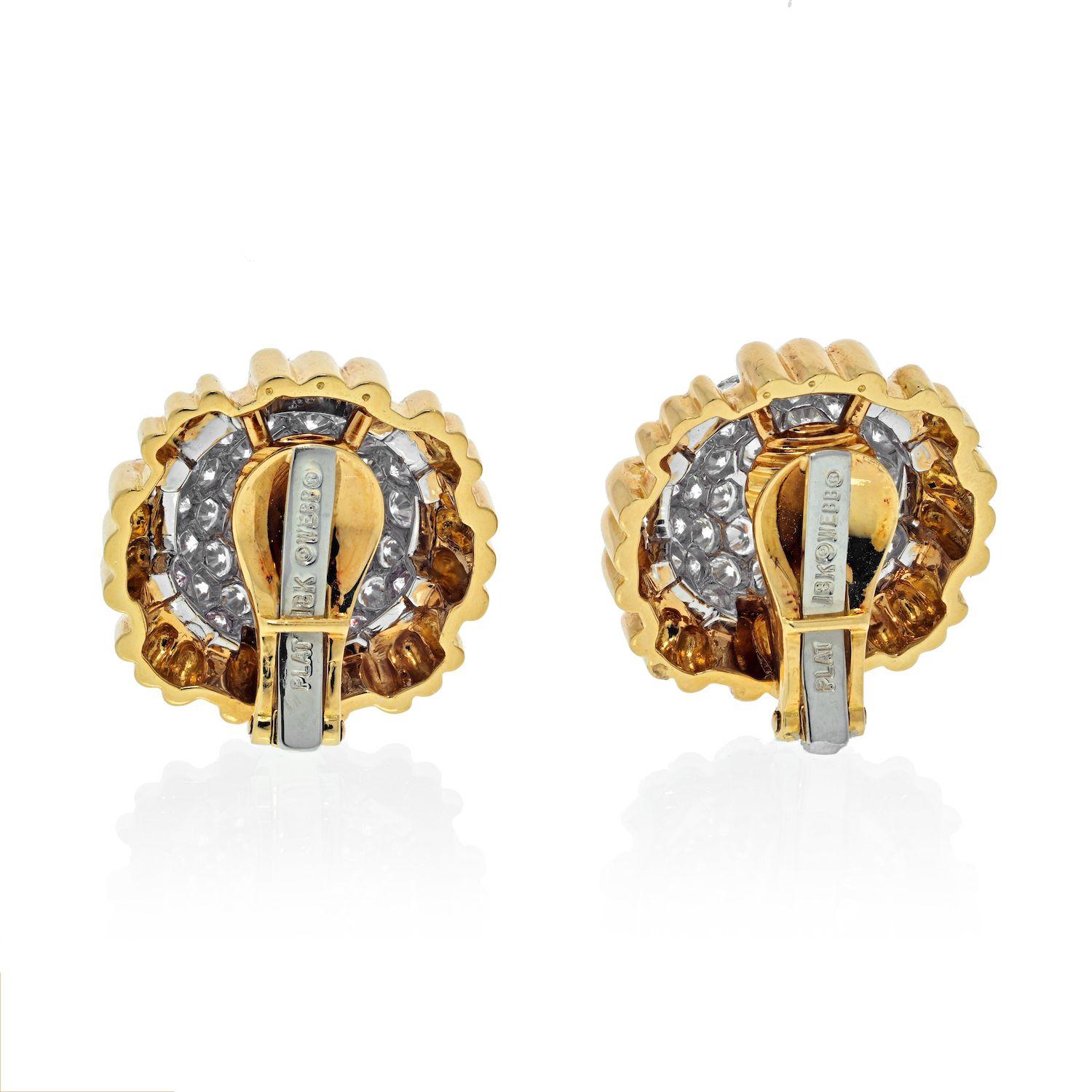 Button shaped pave set diamond clip earrings by David Webb. 
Platinum center, 18K Yellow Gold framed, round cut diamonds 7.00cts.
Brilliant sparkle, perfect for everyday wear. 
Width, Length: 23mm.