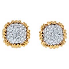 David Webb 18K Gold 7.00 Carat Pave Set Cushion Shaped Diamond Clip Earrings