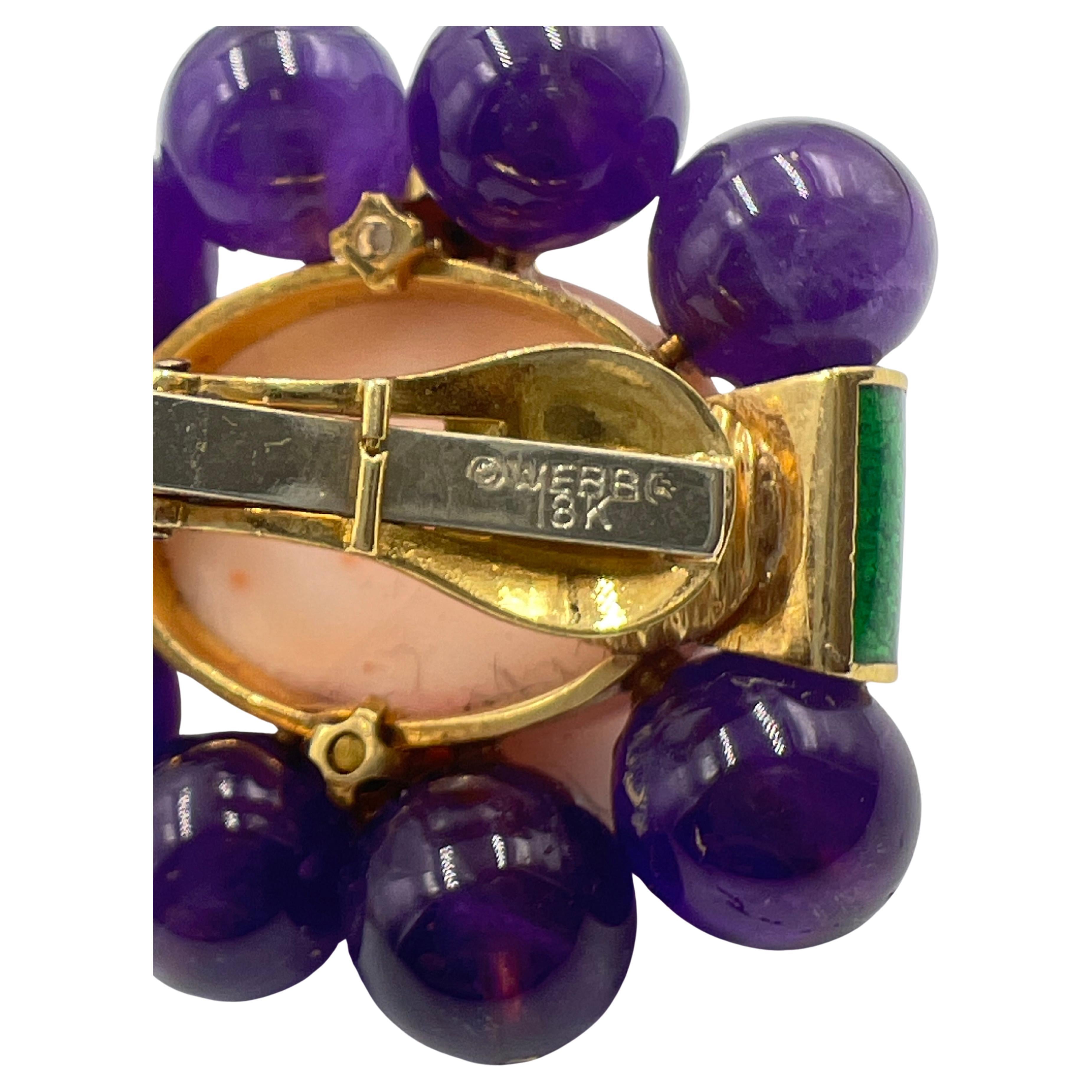 David Webb 18k Yellow Gold Coral Amethyst Green Enamel Earrings 1