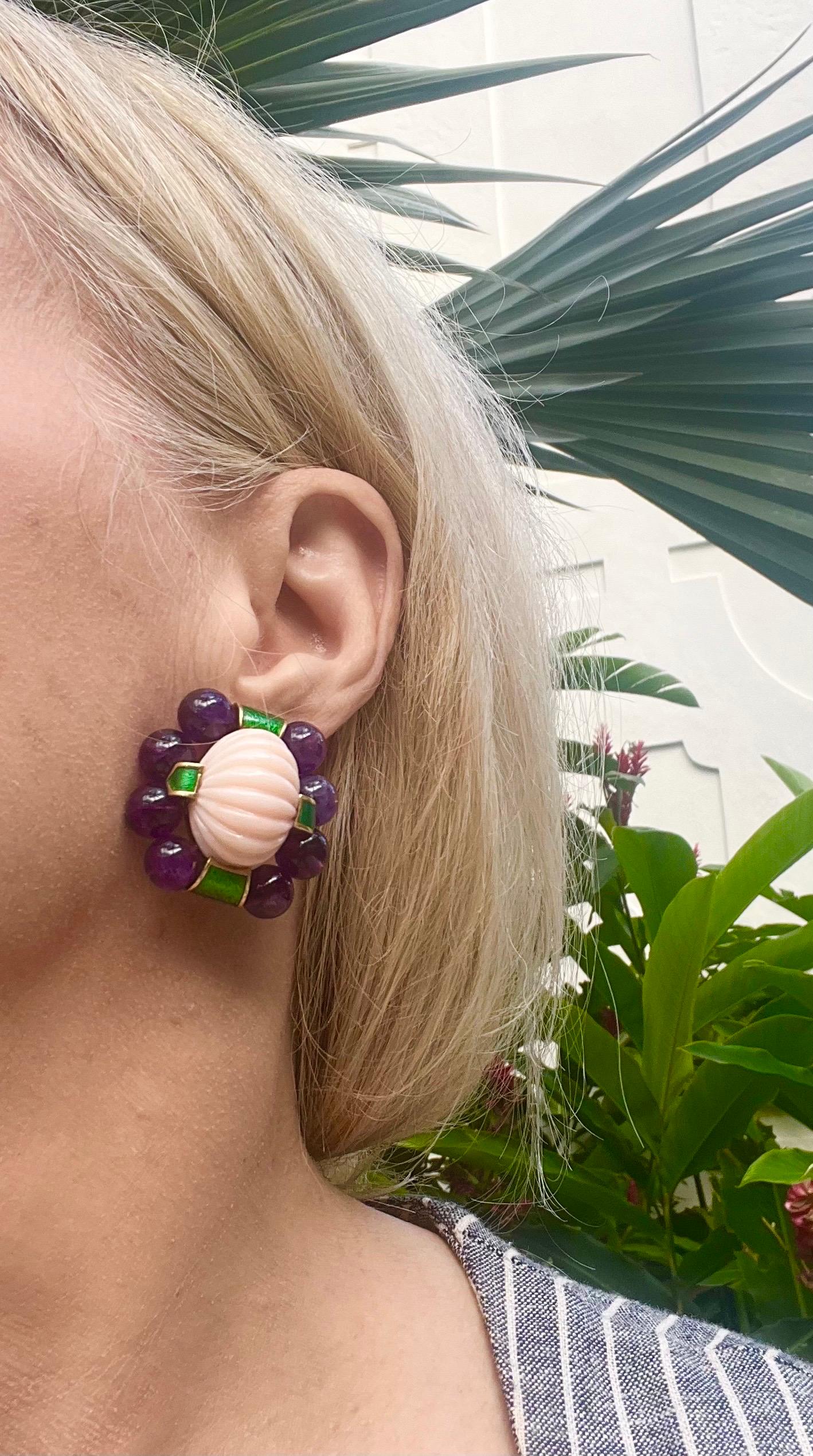 David Webb 18k Yellow Gold Coral Amethyst Green Enamel Earrings In Excellent Condition In Palm Beach, FL