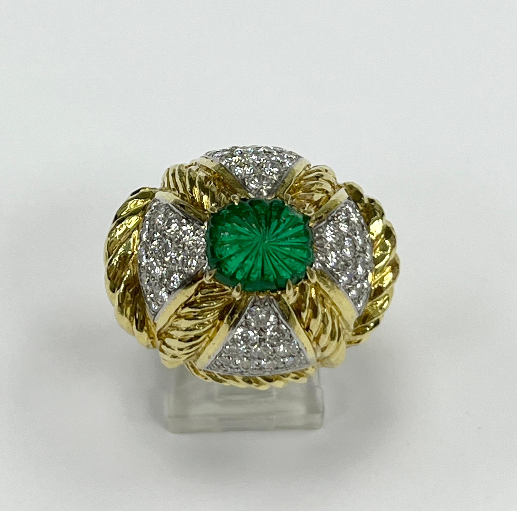 Women's David Webb 18K Gold and Platinum Diamond and Emerald Ring For Sale