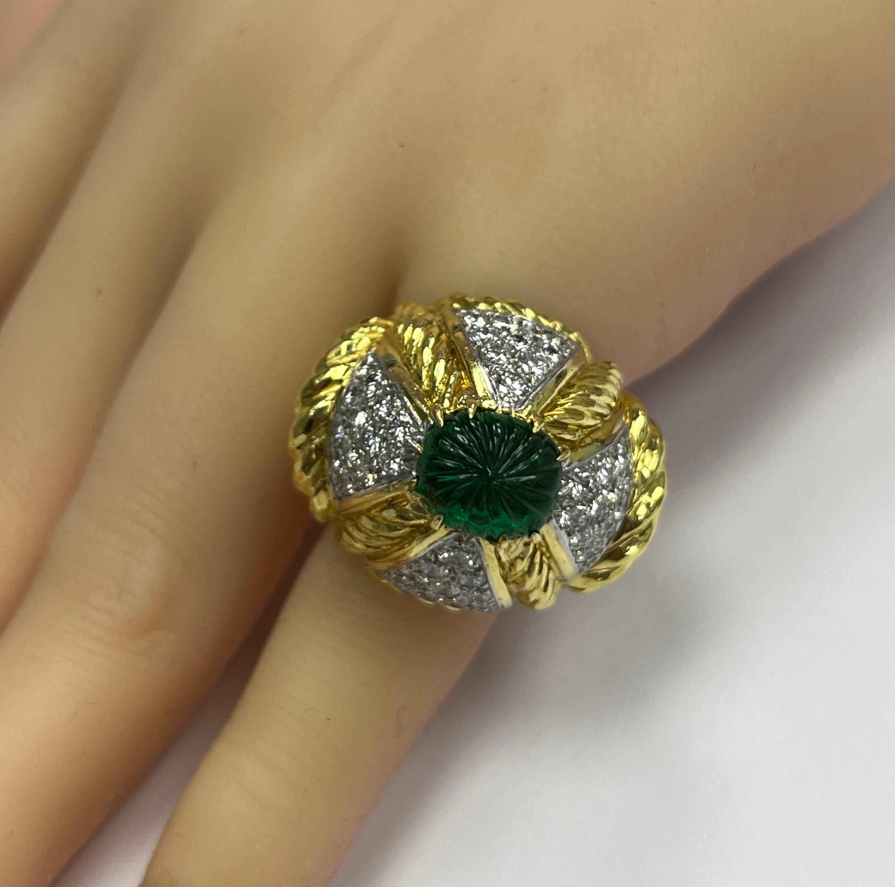 David Webb 18K Gold and Platinum Diamond and Emerald Ring For Sale 2