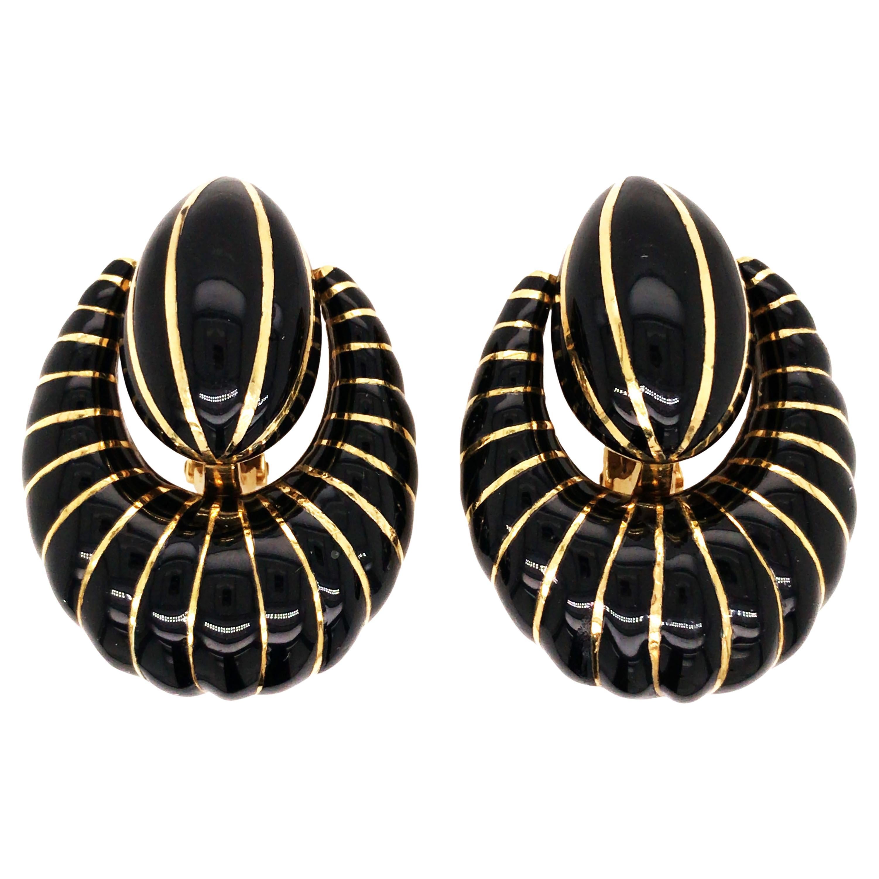 David Webb, 18K Gold Black Enamel Earrings