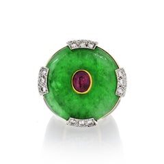 David Webb 18 Karat Gold Black Enamel Jade Diamond and Ruby Ring