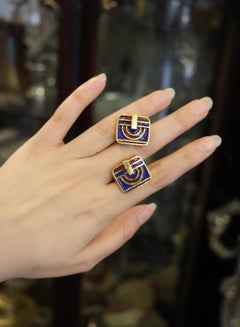 David Webb 18K Gold Blue & Red Enamel Cufflinks