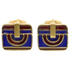 David Webb 18K Gold Blue & Red Enamel Cufflinks
