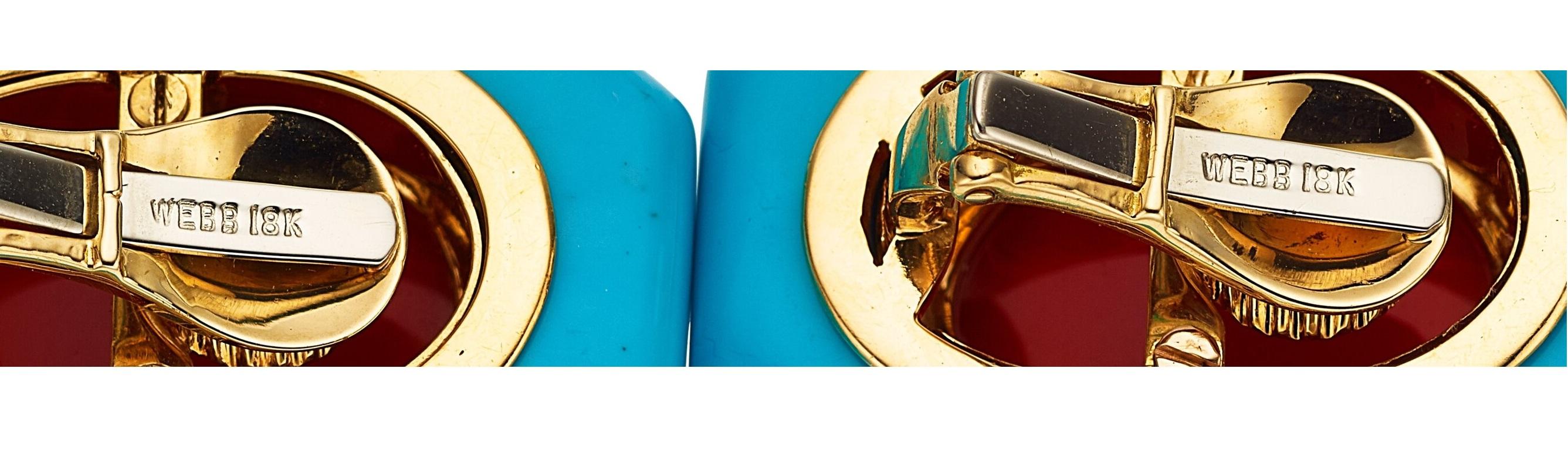 Modern David Webb 18k Gold Carnelian Earrings with Turquoise & 2.30 Carat Diamonds For Sale