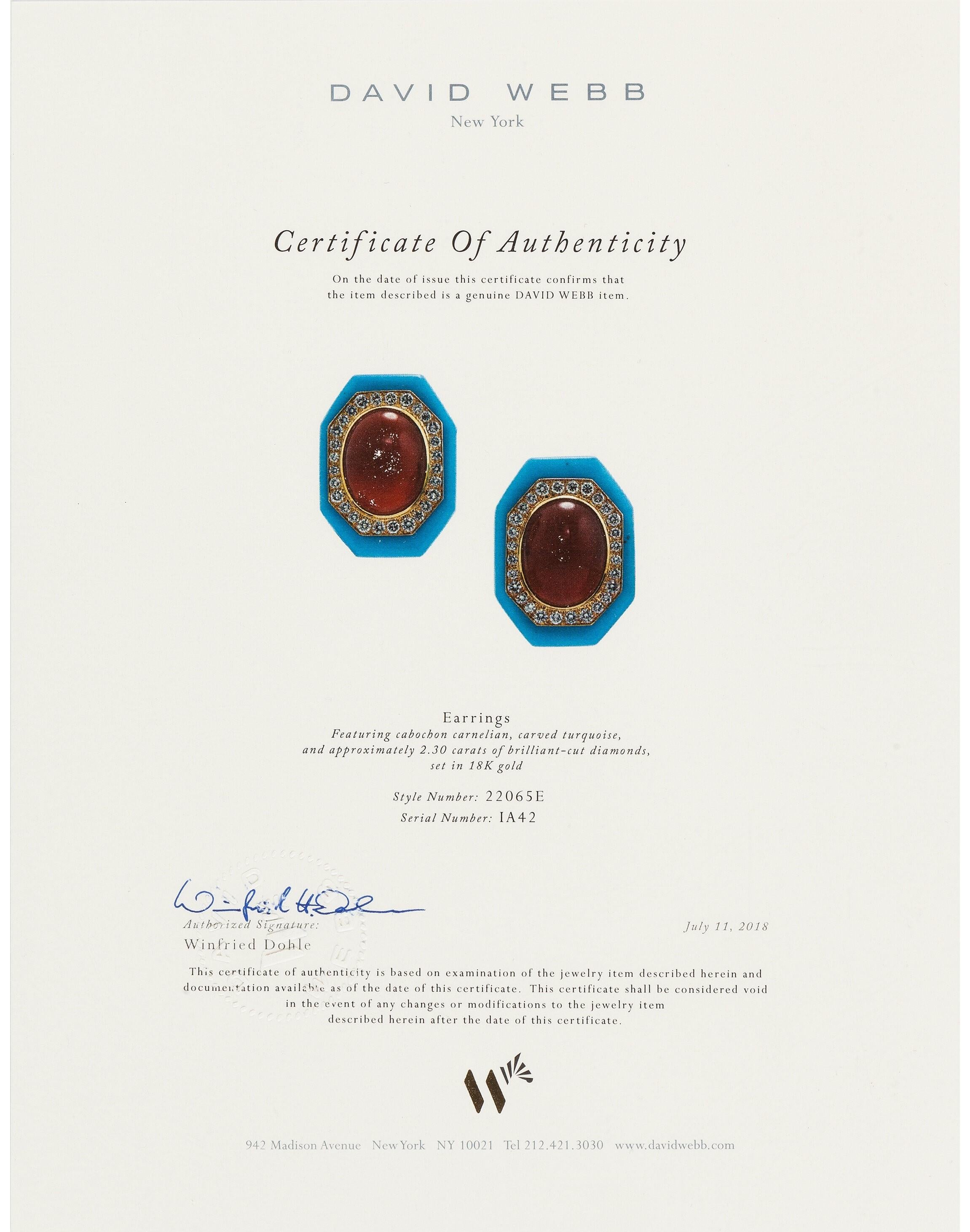 Cabochon David Webb 18k Gold Carnelian Earrings with Turquoise & 2.30 Carat Diamonds For Sale