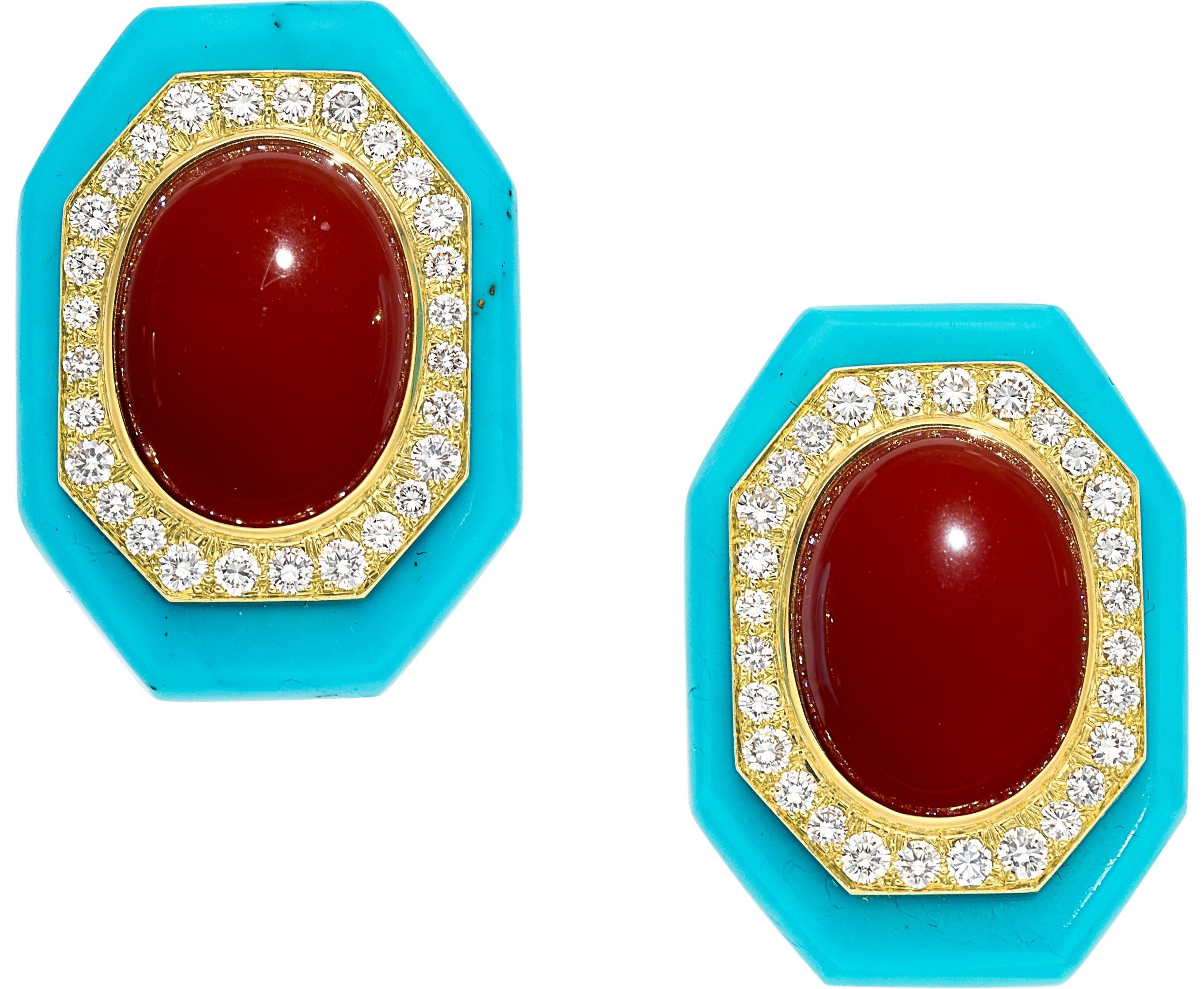 David Webb 18k Gold Carnelian Earrings with Turquoise & 2.30 Carat Diamonds In Good Condition For Sale In Sherman Oaks, CA