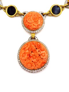 David Webb 18K Gold Carved Coral Onyx Diamond Necklace