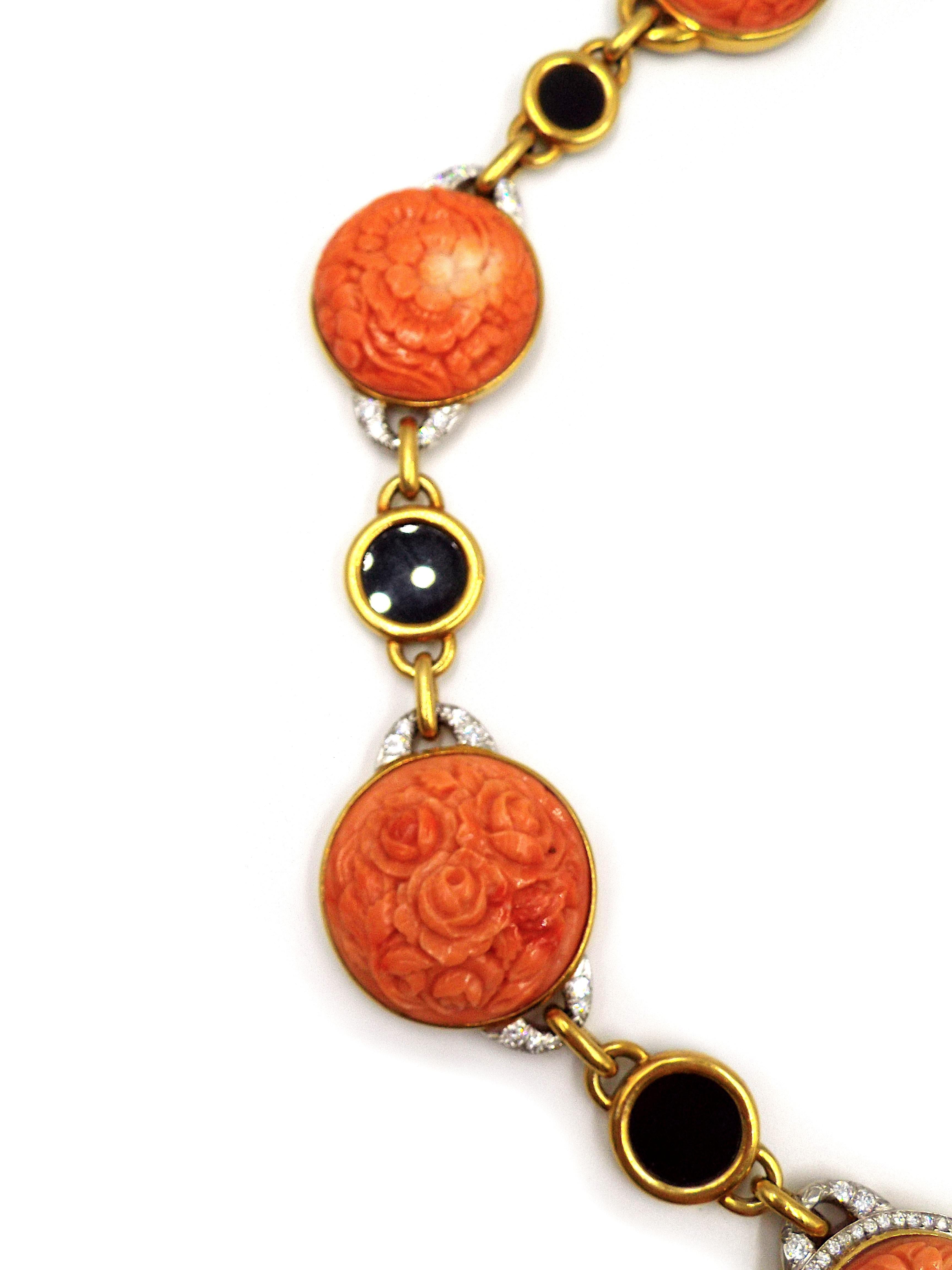 Round Cut David Webb 18K Gold Carved Coral Onyx Diamond Necklace For Sale