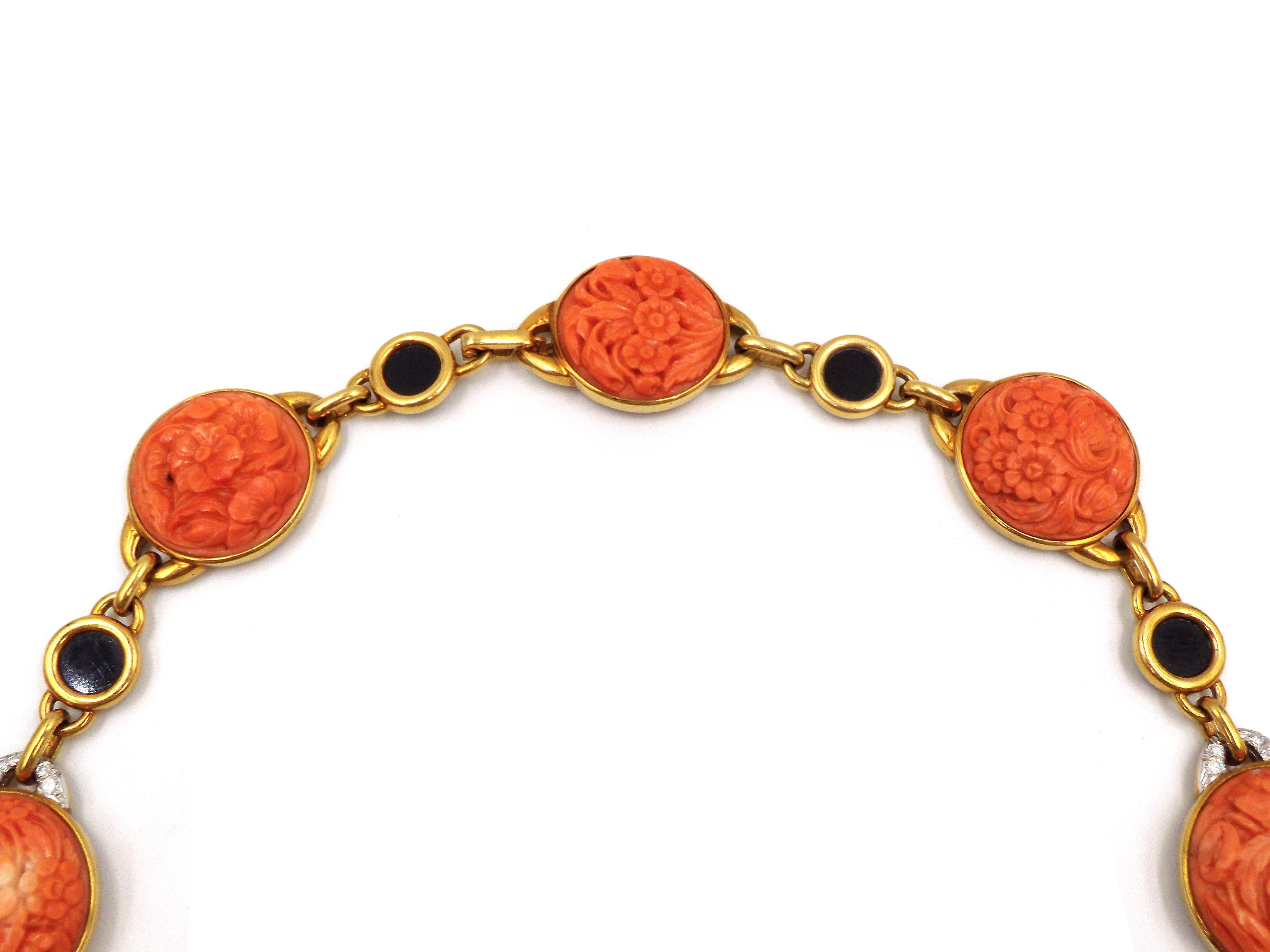 Women's David Webb 18K Gold Carved Coral Onyx Diamond Necklace For Sale