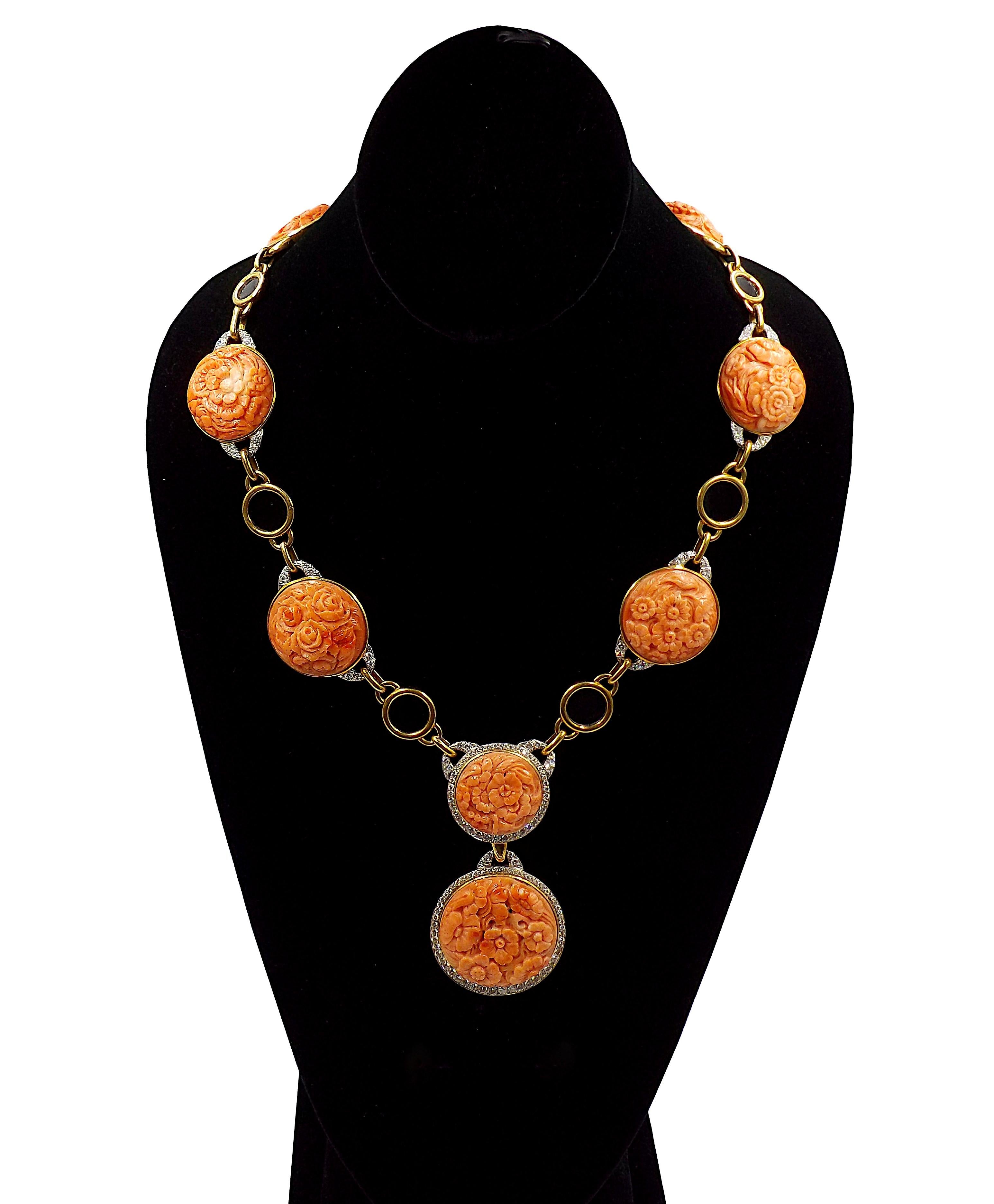 David Webb 18K Gold Carved Coral Onyx Diamond Necklace For Sale 3