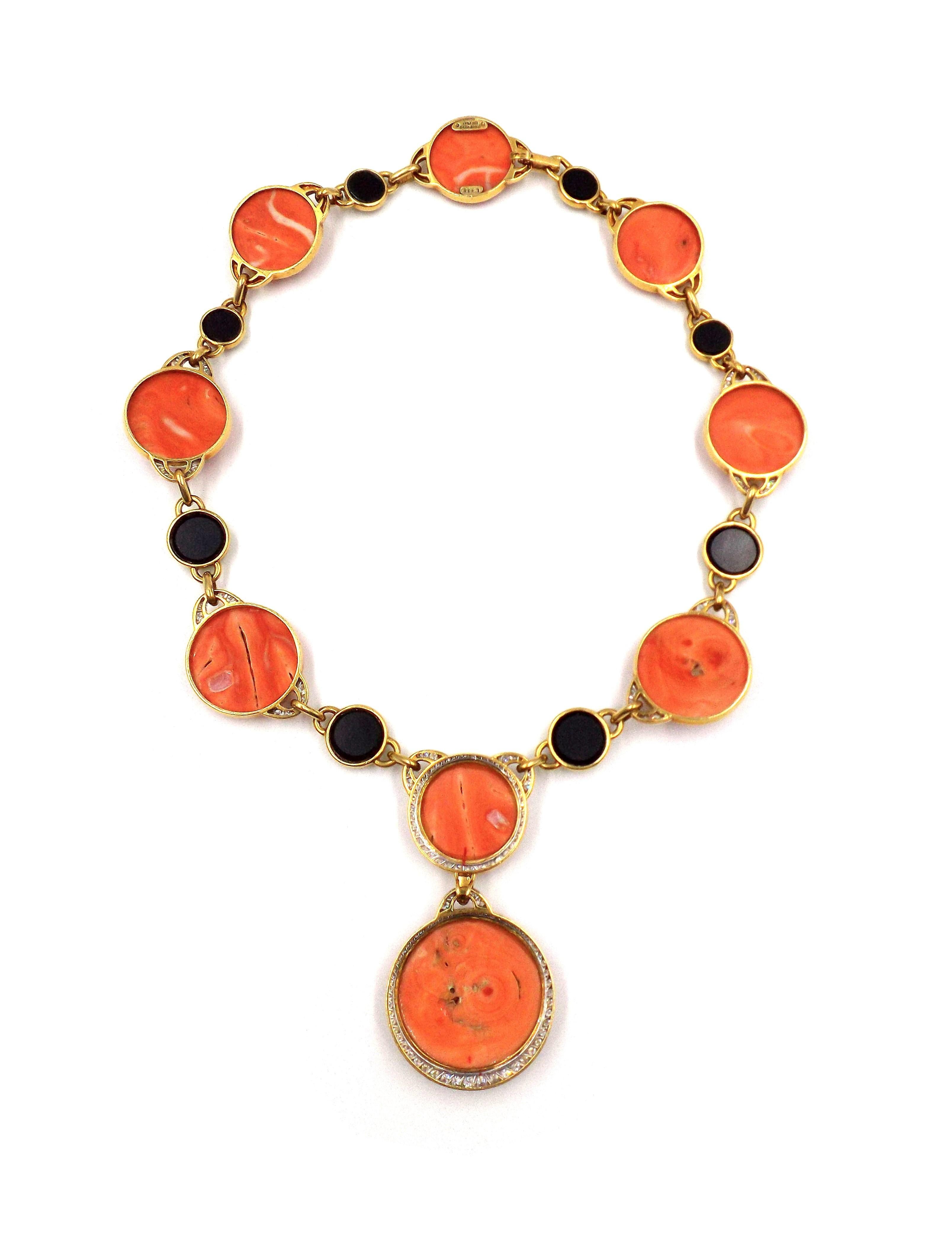 David Webb 18K Gold Carved Coral Onyx Diamond Necklace For Sale 4