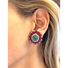 David Webb 18k Gold Carved Emerald Ruby Diamond Earrings
