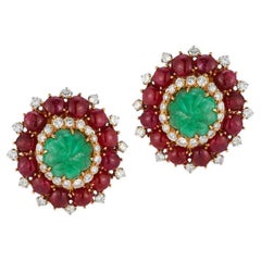 David Webb 18k Gold Carved Emerald Ruby Diamond Earrings