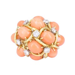 David Webb 18k Gold Coral Diamond Cocktail Dome Ring