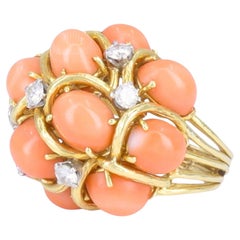 David Webb 18k Gold Coral Diamond Cocktail Dome Ring