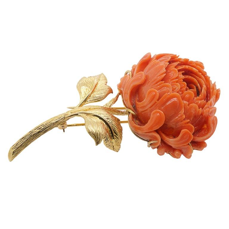 Women's David Webb 18 Karat Gold Coral Flower Brooch For Sale
