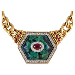 David Webb 18K Gold Diamond Azurmalachite Ruby Statement Necklace