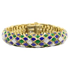 David Webb 18K Gold Diamond Enamel Textured Bracelet
